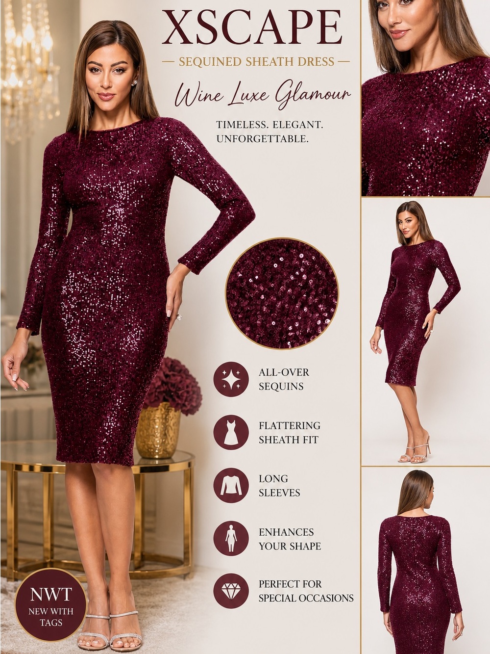 Xscape Wine Sequin Sheath Dress Size 4 NWT Long Sleeve Cocktail Party Bodycon